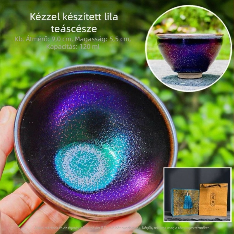 Kézzel készített lila Jian Zhan teáscsésze színes kemencés mázzal