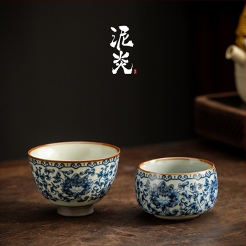 Ru Kiln kék‑fehér porceláncsésze repedezett mázzal, személyes teázáshoz Pu'er teához, kis teáscsésze