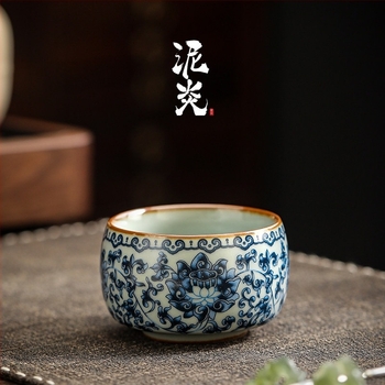 Ru Kiln kék‑fehér porceláncsésze repedezett mázzal, személyes teázáshoz Pu'er teához, kis teáscsésze