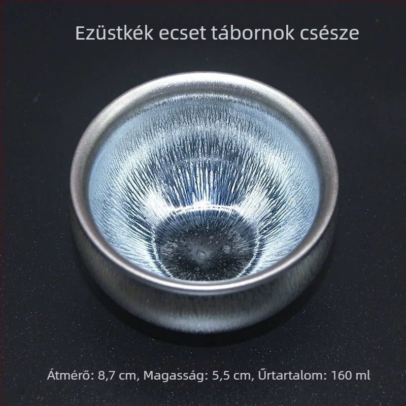 Nagy méretű Jian ware teáscsésze, fekete porcelán test, vas alapú test, ezüstszálas máz, egy darabos, kiváló minőségű teázási kóstoló pohár