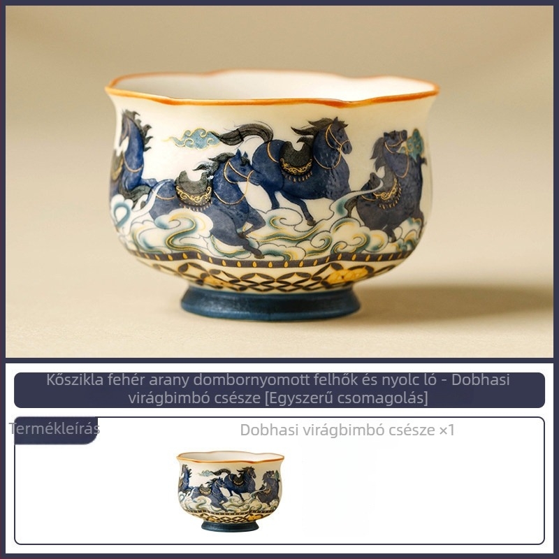 Porcelánból készült kis teáscsésze nyolc ló motívummal, Gongfu teához, személyes kóstoláshoz, otthoni használathoz, A ló éve
