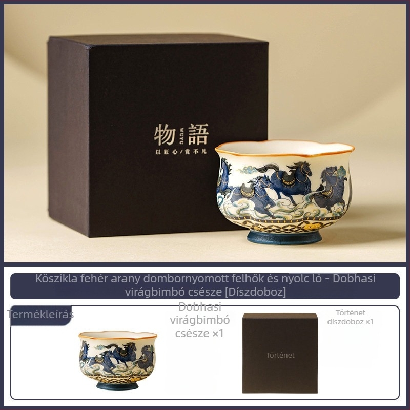 Porcelánból készült kis teáscsésze nyolc ló motívummal, Gongfu teához, személyes kóstoláshoz, otthoni használathoz, A ló éve