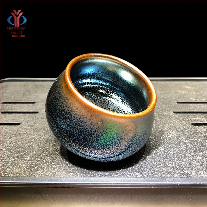 Jianyang Buddha Belly Jianzhan teáscsésze, fatüzelésű fekete porcelán, eredeti ásványi glazúrral, kézzel készített, kék Kirin minta