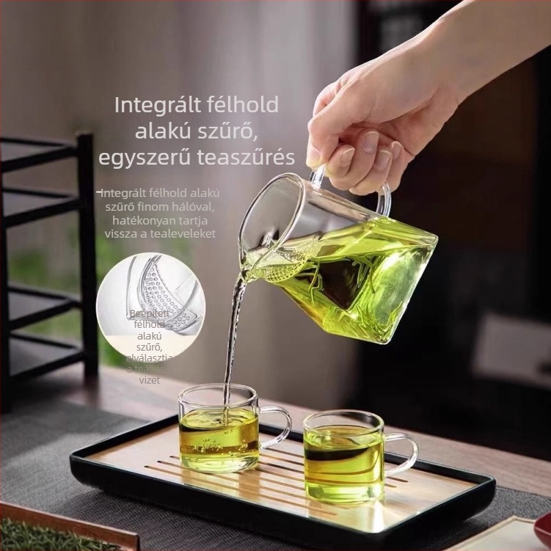 Négyzet alakú félhold formájú teás pohár, hőálló üveg, nagy kapacitás, tea és víz elválasztás, letisztult dizájn