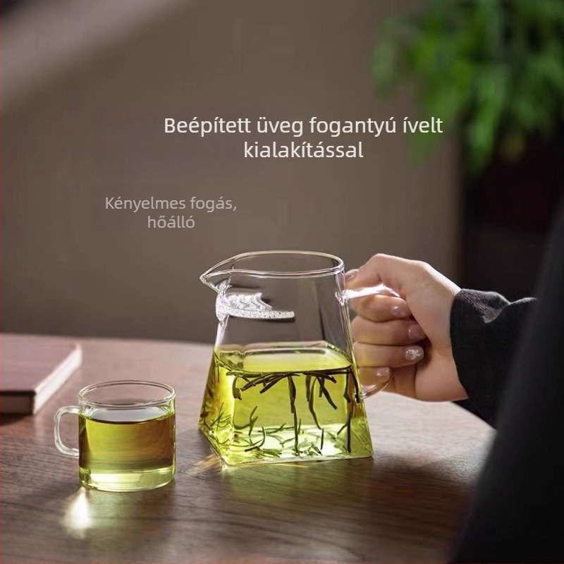Négyzet alakú félhold formájú teás pohár, hőálló üveg, nagy kapacitás, tea és víz elválasztás, letisztult dizájn