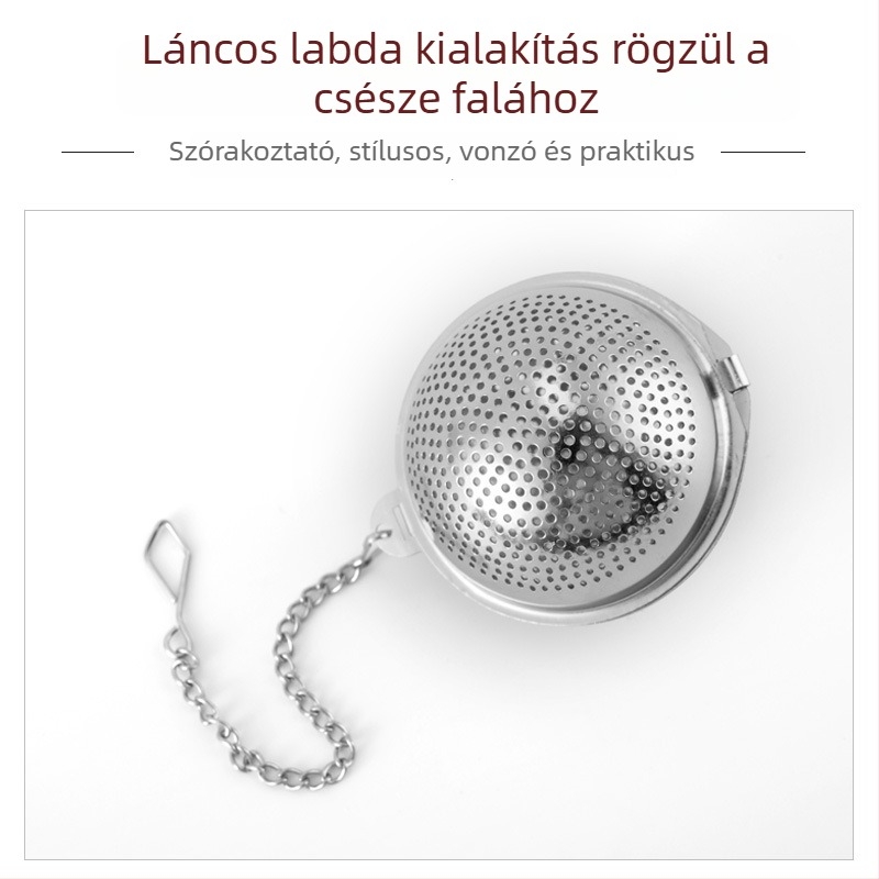 304 rozsdamentes acélból készült teafiltráló infúzor, gömb alakú, lánccal, hordozható iroda