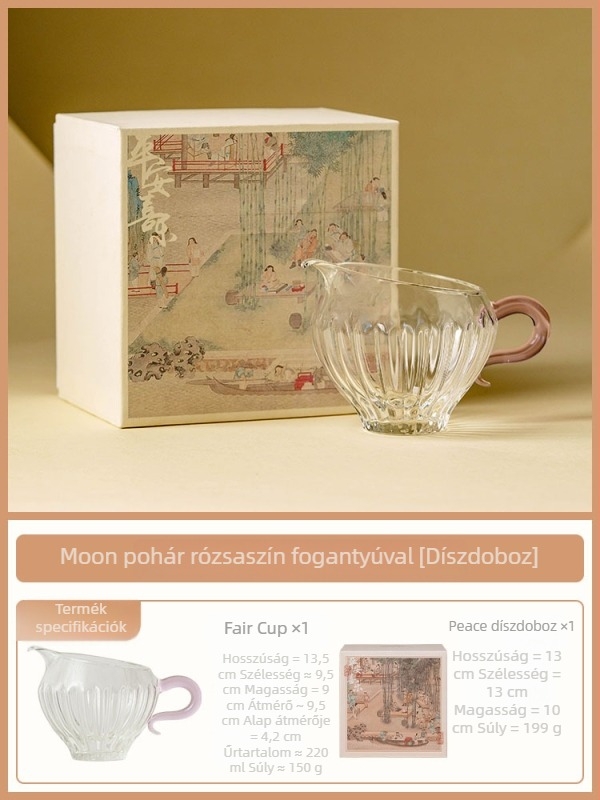 Rózsaszín fogantyújú Gongdao teásbögre, üveg teáskészlet osztóval, teás tál és hőálló kiöntő