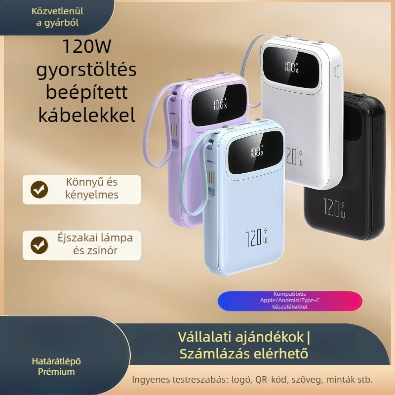 120W gyors töltésű power bank, 20000mAh nagy kapacitás, beépített négyvezetékes tápegység és testreszabott logó