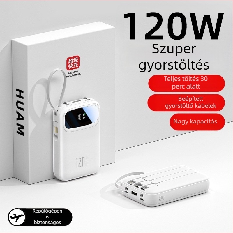 120W gyors töltésű power bank, 20000mAh nagy kapacitás, beépített négyvezetékes tápegység és testreszabott logó
