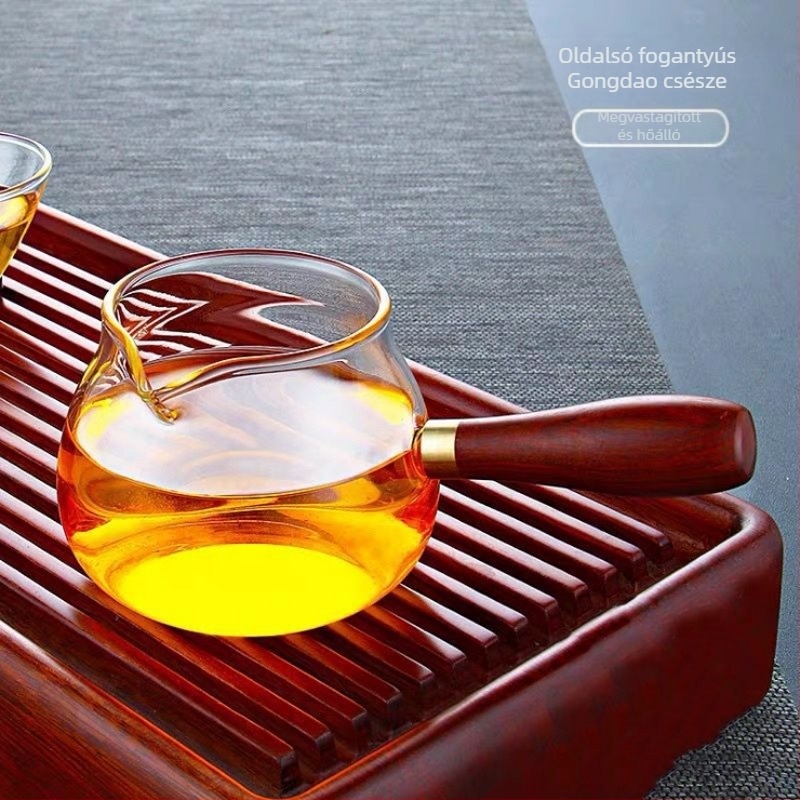 Fából készült fogantyújú üvegpohár Kung Fu teához, Gongfu teáskészlet, tea osztó, oldalról fogantyúval, hőálló, nagy kapacitású