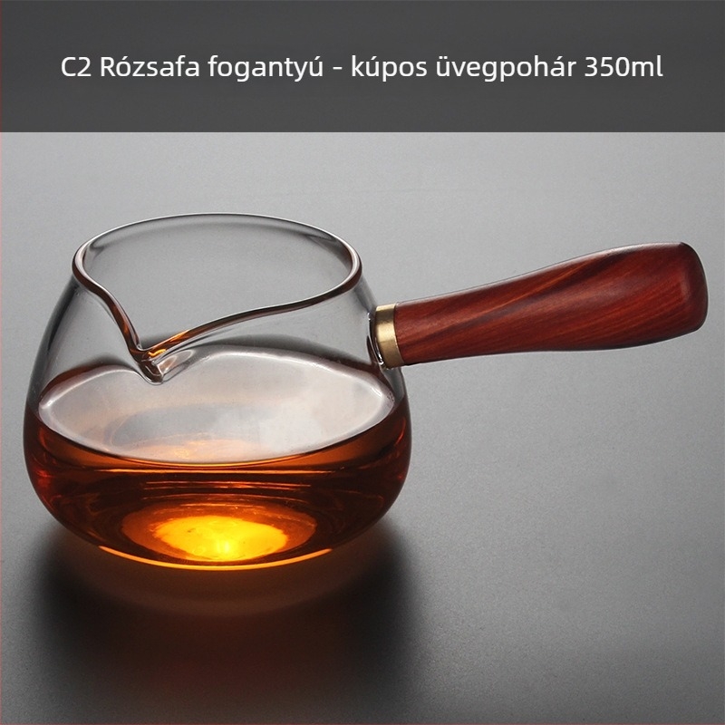 Üvegből készült egyensúlyos teás kancsó oldalról fa fogantyúval, teára osztó és öntő pohár – otthoni kung fu teáskészlet