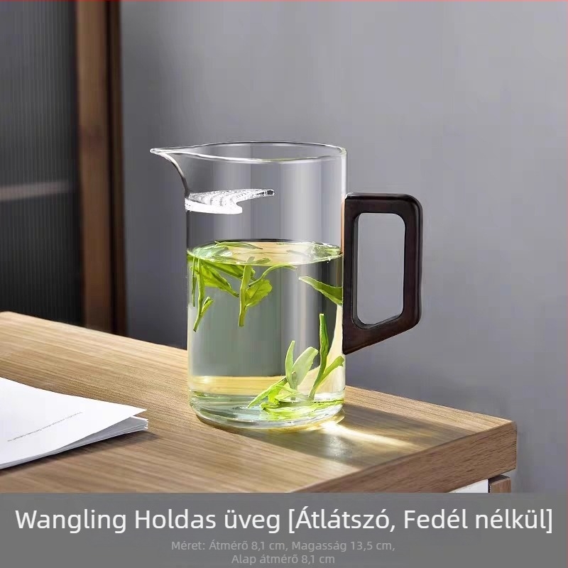 Teáskészlet igazságos pohárral, beépített szűrővel, oldalsó fa fogantyúval és vízelválasztóval.