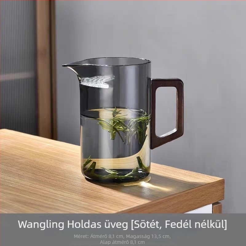 Teáskészlet igazságos pohárral, beépített szűrővel, oldalsó fa fogantyúval és vízelválasztóval.