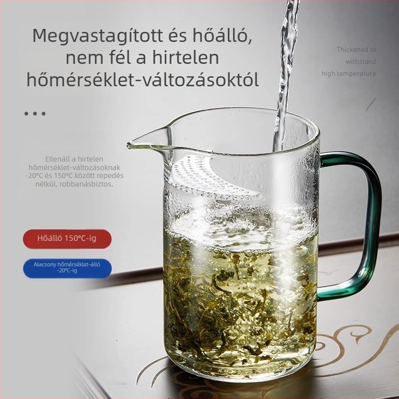 Beépített szűrővel ellátott teáscsésze, félhold alakú, zöld tea készítéséhez, magas hőálló boroszilikát üveg