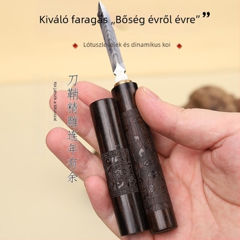 Lila szantálfa teáskés és teaceremóniához való tű, Pu'er teához damaszkuszi mintás acélkészítésű kés, teablockok nyitóeszköze, teáskellékek