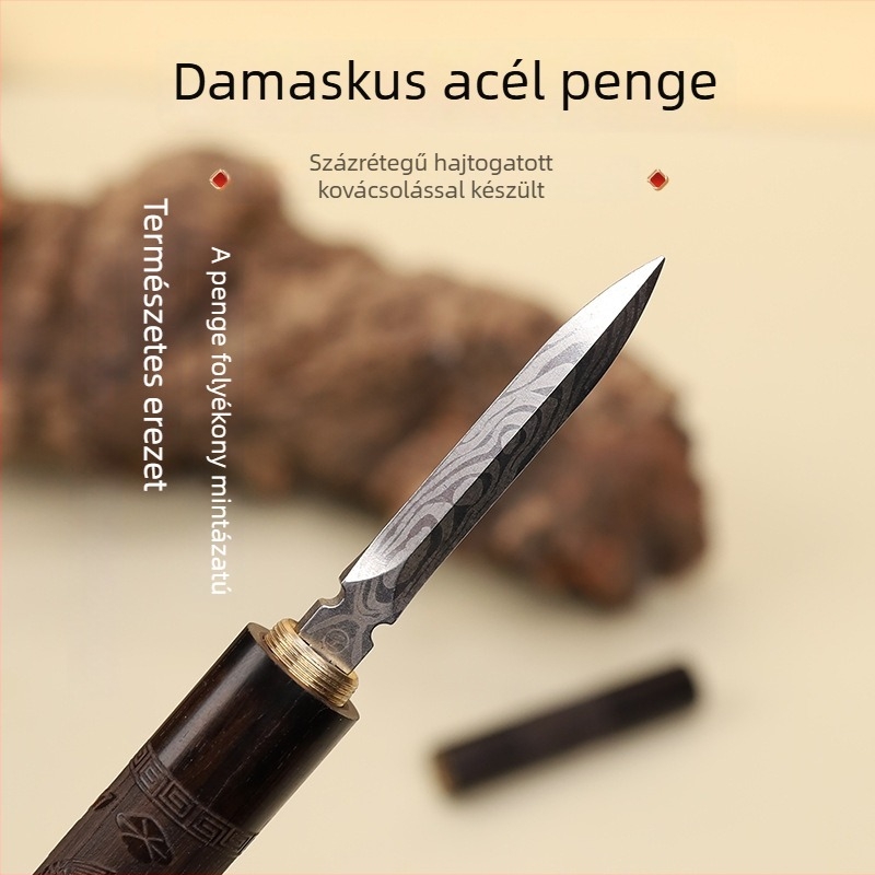Lila szantálfa teáskés és teaceremóniához való tű, Pu'er teához damaszkuszi mintás acélkészítésű kés, teablockok nyitóeszköze, teáskellékek