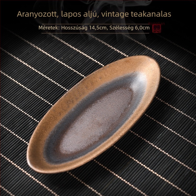 Vintage aranyozott kerámia teáskanál, kézzel készített, japán Zen stílusú Gongfu tea kellék