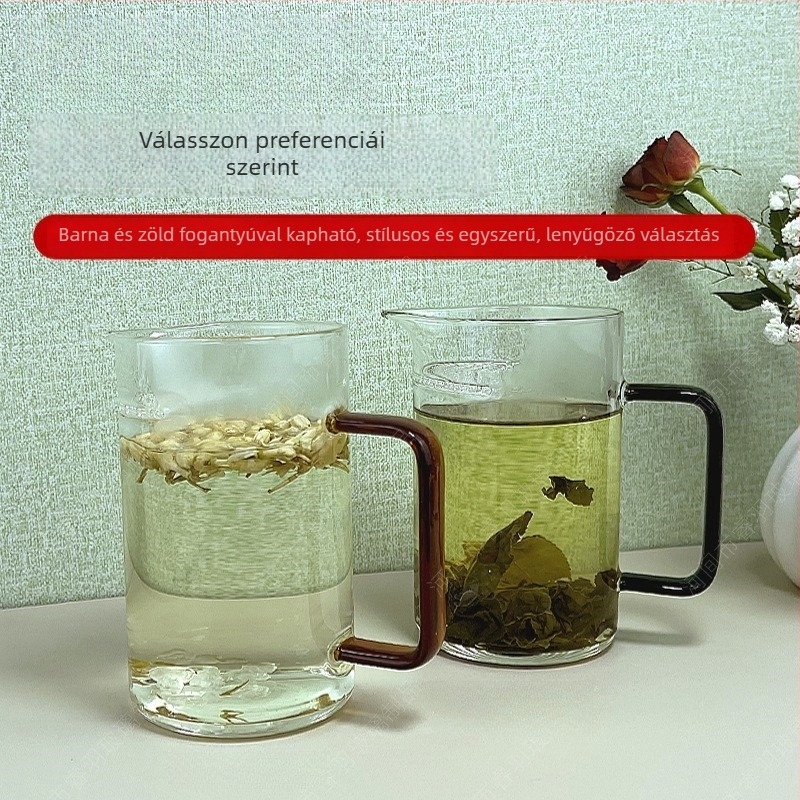 Üvegből készült teáscsésze integrált szűrővel és félhold alakú formával, tealevél-szűrő és tea-víz elválasztás