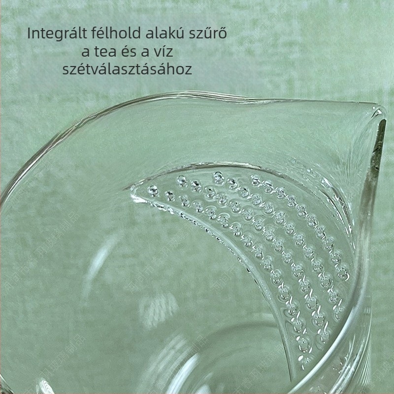 Üvegből készült teáscsésze integrált szűrővel és félhold alakú formával, tealevél-szűrő és tea-víz elválasztás