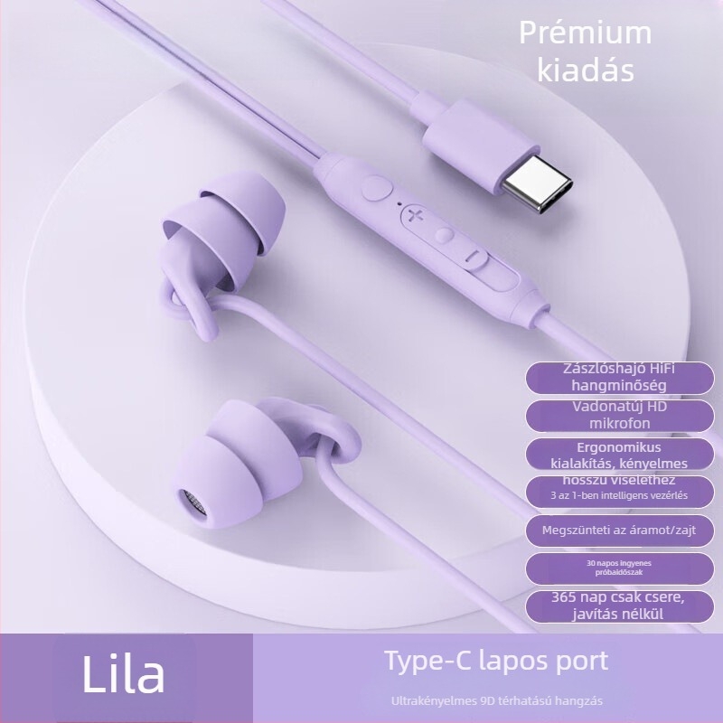 Új alvó fülhallgató, Type-C csatlakozós, vezetékes, in-ear, zajcsökkentés, oldalra fekve nem nyomja a fület, modell S15