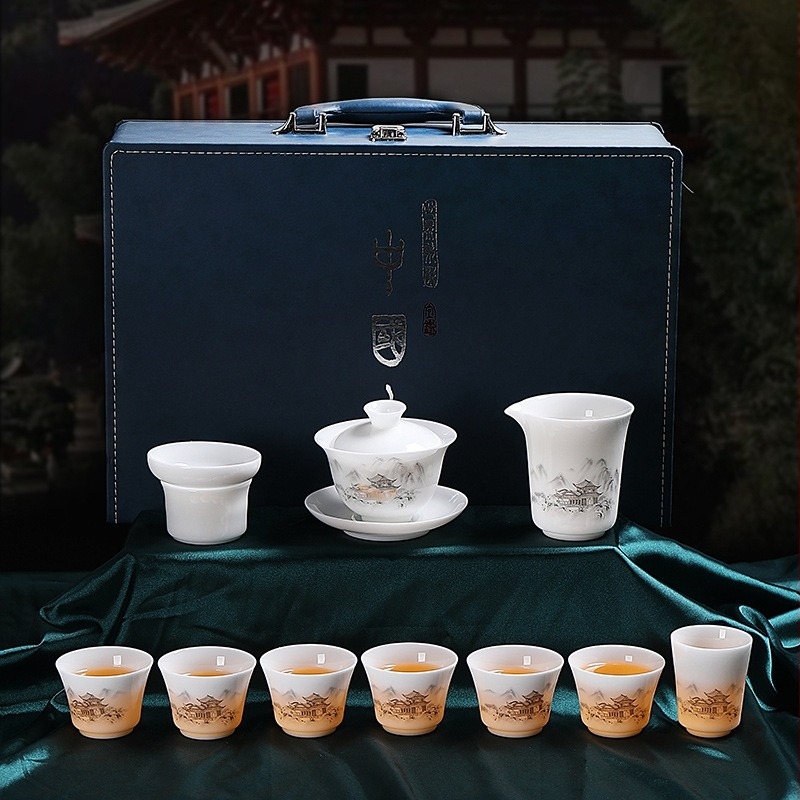 Dehua fehér porcelánból készült Kung Fu teáskészlet teával – otthoni és kereskedelmi használatra