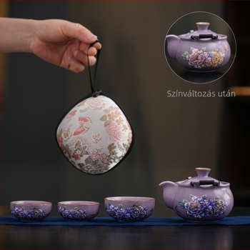 Color-changing Peony utazó teáskészlet: egy teáskanna és három csésze, Ru Kiln Kung Fu teáskészlet, autóhoz hordozható