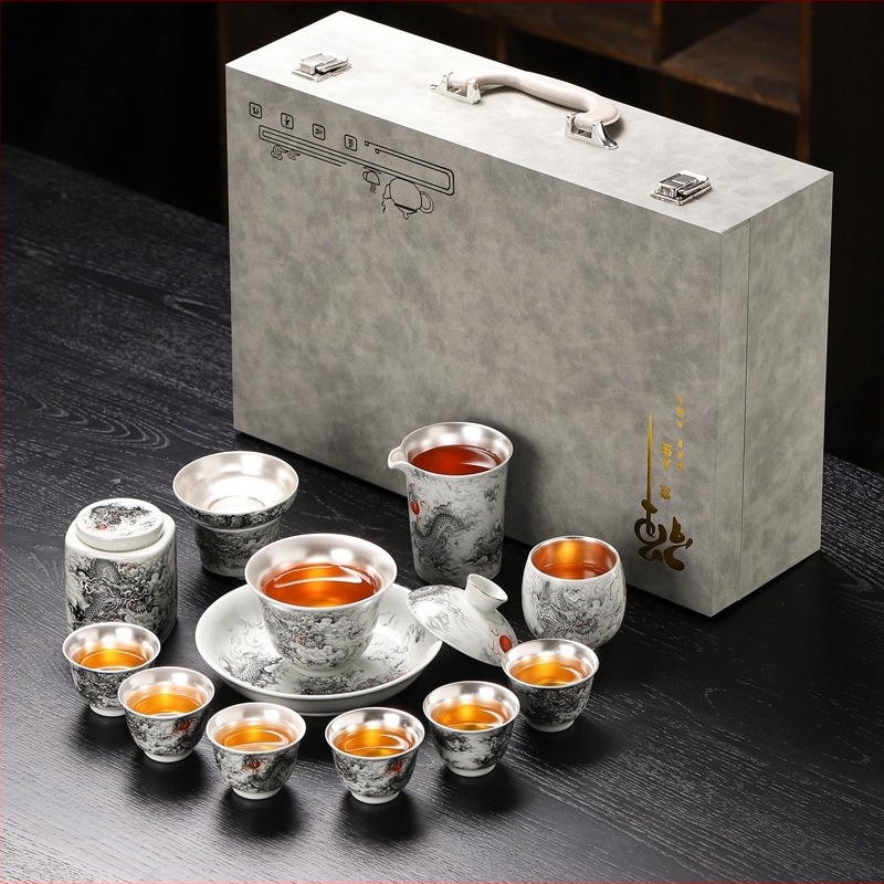 999 ezüst tea set kerámia teáscsészékkel, otthoni használatra, kézzel készített ezüstös mintával, luxus ajándék wellbeing
