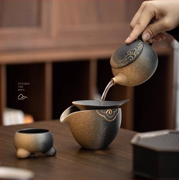 Retro gradient teáskészlet durva kerámiás teáscsészékkel – Kung Fu tea készlet, teljes otthoni teázó készlet ajándékdobozban