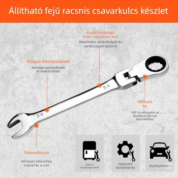 Kétfunkciós racsnis kulcs, angol méret, rögzített racsni, polírozott króm- vanádium acél