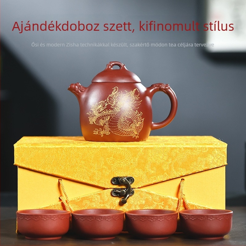 Lila agyag Gongfu teáskészlet – Sárkány és Főnix motívummal, ajándékdoboza, teljes készlet otthoni használatra, 3–5 csésze kapacitás