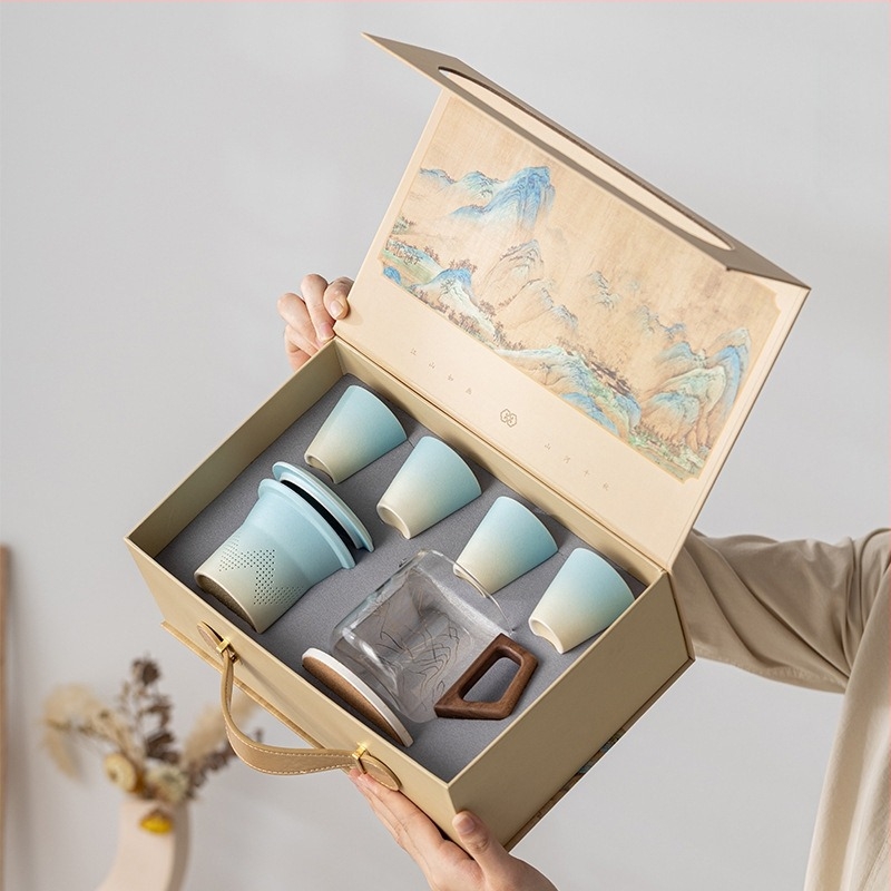 Utazó teás készlet személyre szabott logóval a teáskannán, kerámia ajándékdoboz, kulturális és kreatív szuvenír