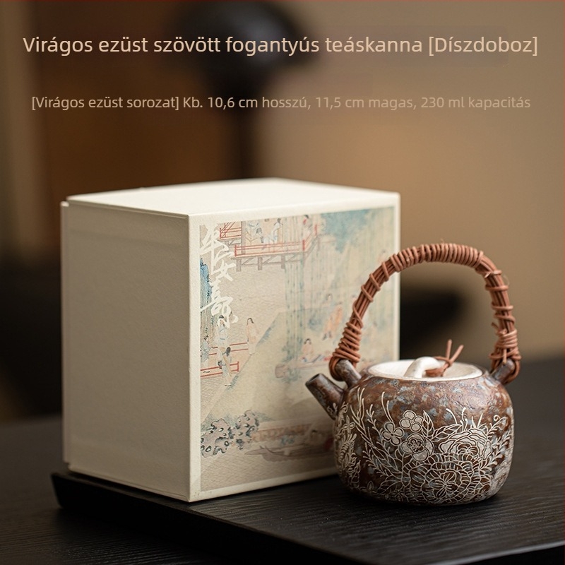Vintage kőedényes teáskanna virágmintás és ezüstös felülettel, ratán fogantyúval, retro luxus otthoni használatra, Gongfu teás készlet – egy kanna
