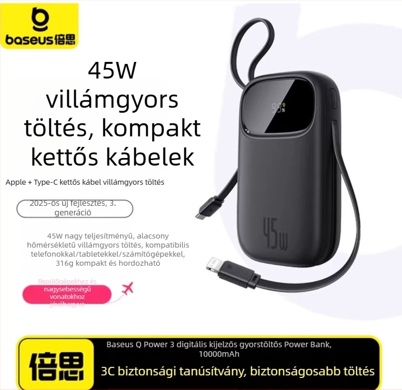 Baseus PD45W power bank, 10000 mAh, kompakt és hordozható beépített kábellel, gyors töltés, logó ajándék