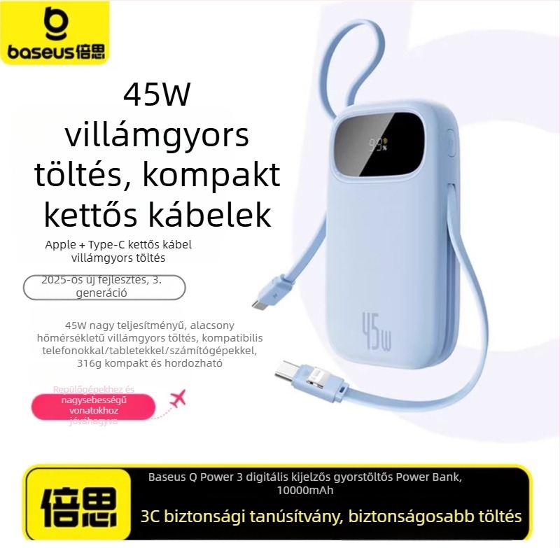 Baseus PD45W power bank, 10000 mAh, kompakt és hordozható beépített kábellel, gyors töltés, logó ajándék