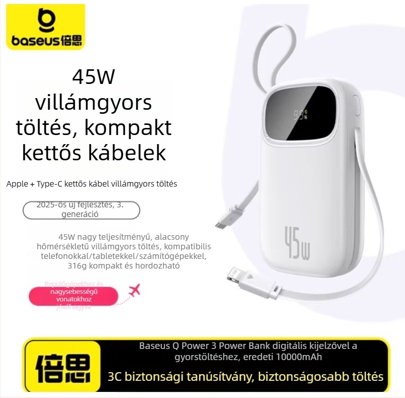 Baseus PD45W power bank, 10000 mAh, kompakt és hordozható beépített kábellel, gyors töltés, logó ajándék