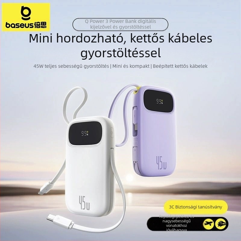 Baseus PD45W power bank, 10000 mAh, kompakt és hordozható beépített kábellel, gyors töltés, logó ajándék