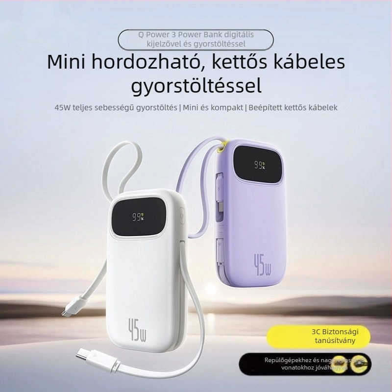 Baseus PD45W power bank, 10000 mAh, kompakt és hordozható beépített kábellel, gyors töltés, logó ajándék