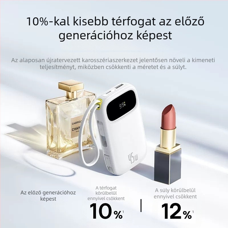 Baseus PD45W power bank, 10000 mAh, kompakt és hordozható beépített kábellel, gyors töltés, logó ajándék