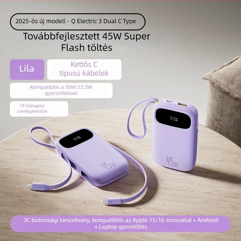 Baseus PD45W power bank, 10000 mAh, kompakt és hordozható beépített kábellel, gyors töltés, logó ajándék