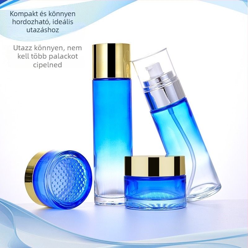 Gradient üveg kozmetikai flakon nyomó típusú pumpával lotionhoz, arcmaszkhöz és szemkrémhez; elérhető méretek 50g/30g/100ml/40ml/120ml, pumpfej és sapka