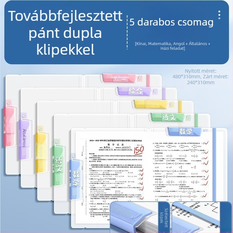 Két rúddal ellátott iratgyűjtő, átlátszó, színes diákok dokumentumainak rendezője, oldalsó nyitású forgó mappa