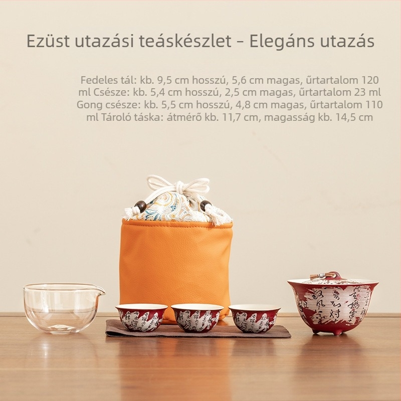 Ezüstözött kerámia teáskészlet: egy tál és három csésze, hordozható otthonra és kültéri használatra.