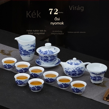 Vintage kék‑fehér porcelán teáskészlet ajándékdobozban, teáskannával, fedővel és csészékkel; testreszabható logó