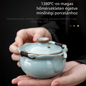 Világos luxus retro celadon teáskanna fedéllel és kézbe fogható fogantyúval, Ru kilns kerámia, Gongfu teás készlet, nagy méret, prémium ajándék