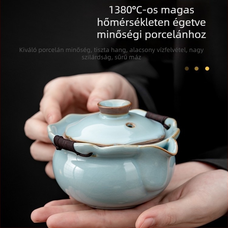 Világos luxus retro celadon teáskanna fedéllel és kézbe fogható fogantyúval, Ru kilns kerámia, Gongfu teás készlet, nagy méret, prémium ajándék