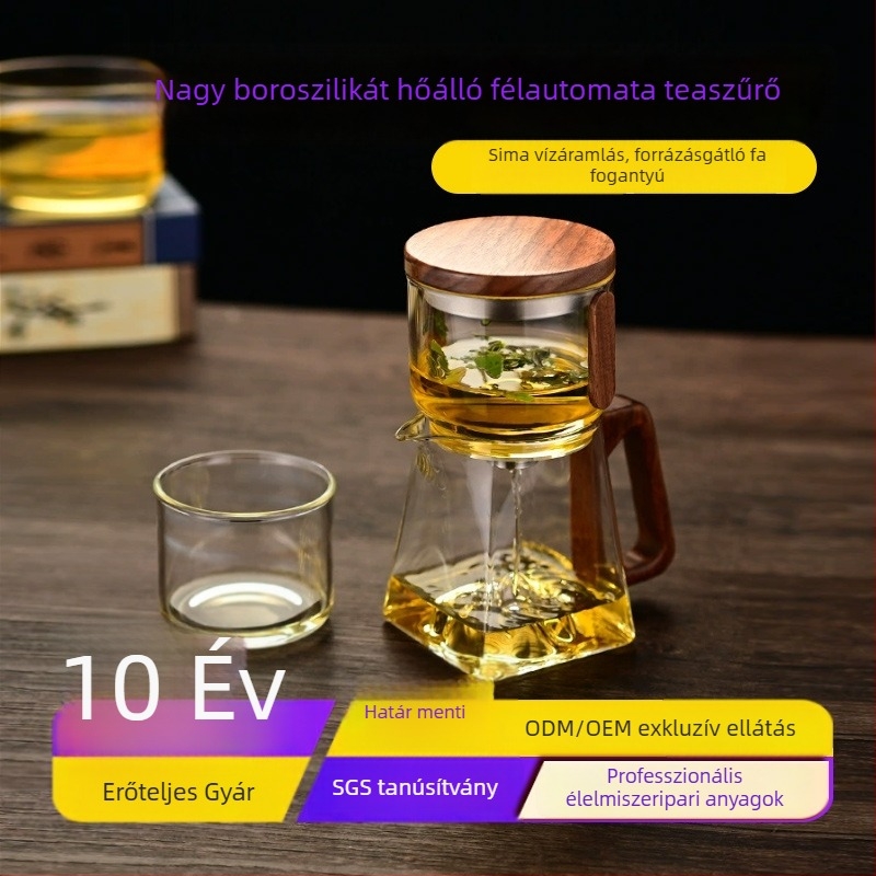 Félautomata üveges teafőző készlet Kung Fu teához, modern kialakítás, hőálló, irodai használatra, egyszerű elkészítés 1–2 adaghoz