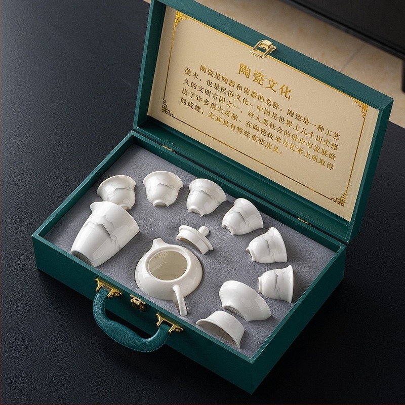 Xishi gaiwan teáskészlet fehér porcelánból, Jade Ink stílusú, 10 darabos, irodai és otthoni használatra