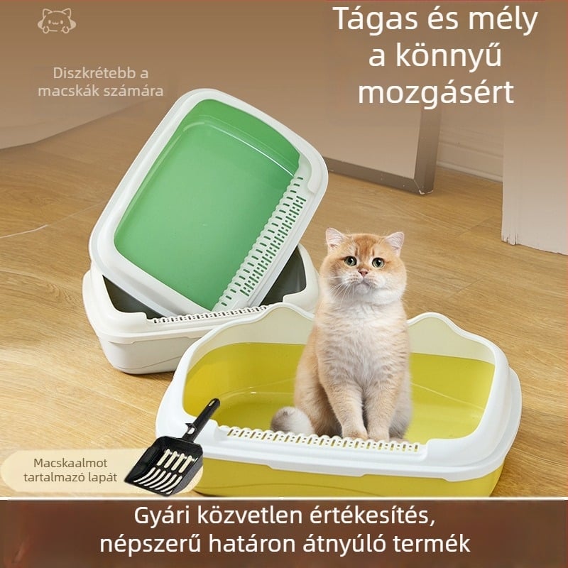 Extra nagy macskaalom-tál, fél-zárt kialakítás, szagtalanítás, fröccsenés elleni védelem, macskáknak és cicáknak