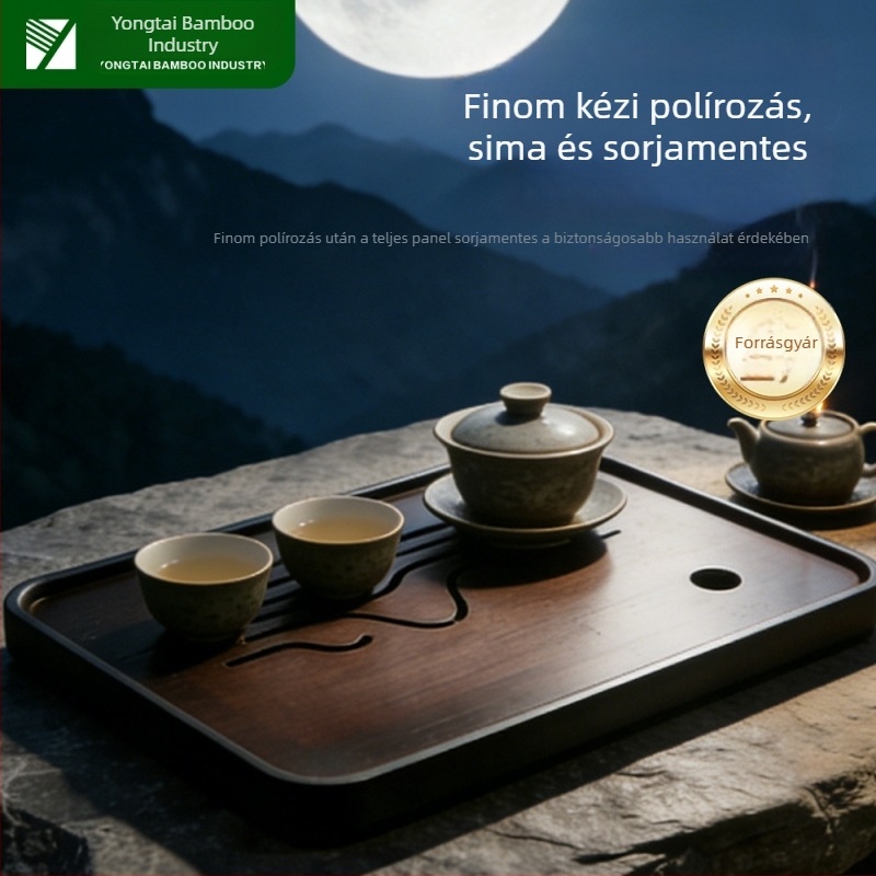 Bambusz teás tálca csatornázással és víztárolóval, platforma a száraz leöntéshez, fa tálca, könnyű luxus retro stílus