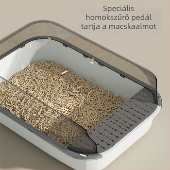 Nagy macska alomtálca színes panelokkal, magas kerítéssel, fröccsenés elleni, félig zárt, tág belső térrel